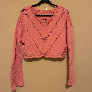 Free People Women's V-Neck Oversized Pink Cable Cropped Open Knit Sweater Sz S